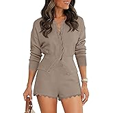 Tankaneo Womens 2 Piece Sweater Sets Casual Fall Outfits Button Down Long Puff Sleeve Knit Cardigan Shorts Loungewear