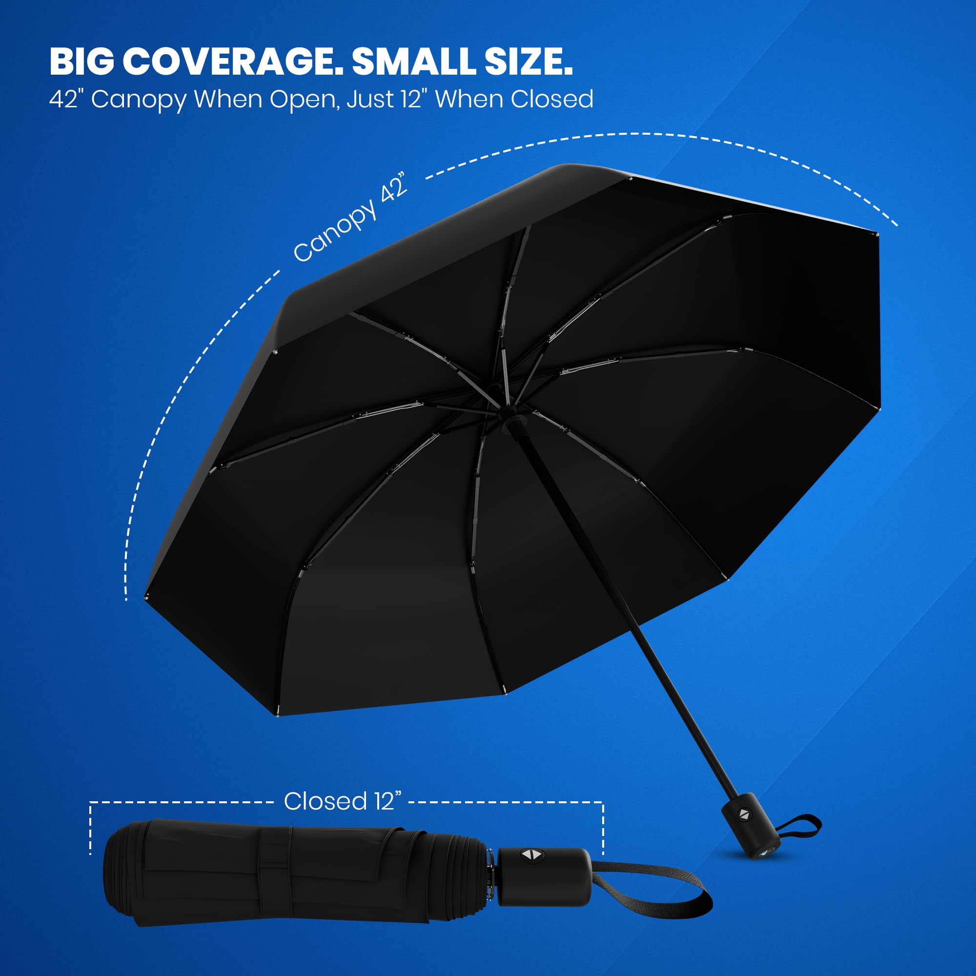 Rain-Mate Windproof Compact Umbrellas for Rain - Strong Reinforced Fiberglass Rib Design & Auto Open & Close - Portable Folding Travel Umbrella - Lightweight & Packable for Women & Men, Easy Collapse