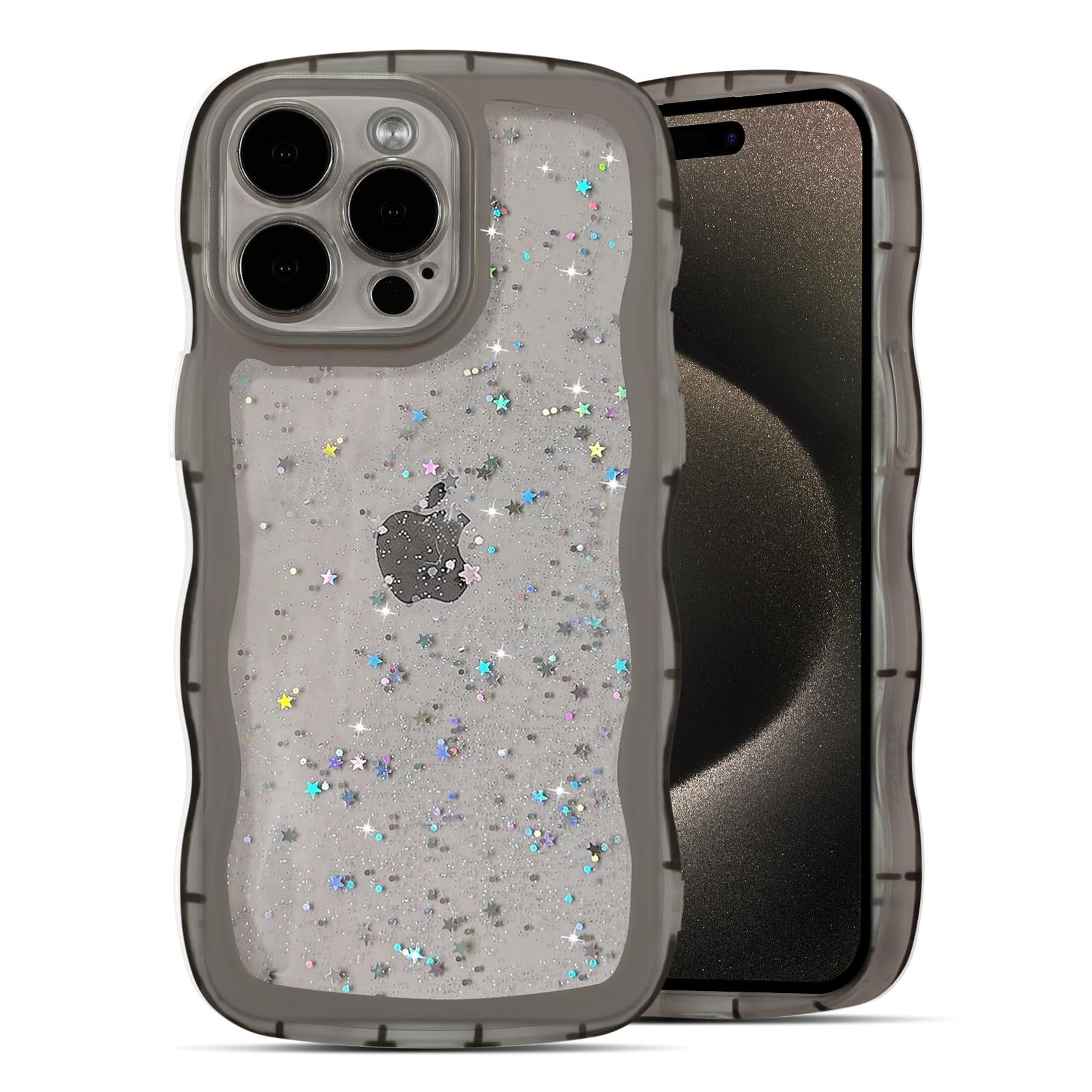 QLTYPRI Compatible with iPhone 15 Pro Case, Cute Curly Wave Frame Clear Glitter Case for Girls Women, Sparkle Bling Soft TPU Bumper Transparent Shockproof Phone Cover for iPhone 15 Pro - Black — image 1
