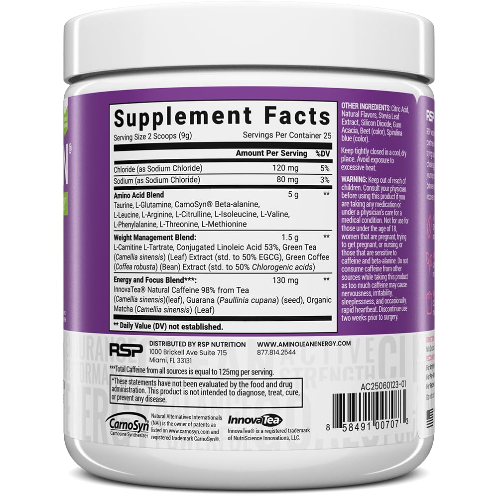 RSP NUTRITION AminoLean Natural Pre Workout Powder, Sucralose Free Amino Energy with No Artificial Dyes, Vegan BCAAs and Weight Management, Acai, 25 Serv