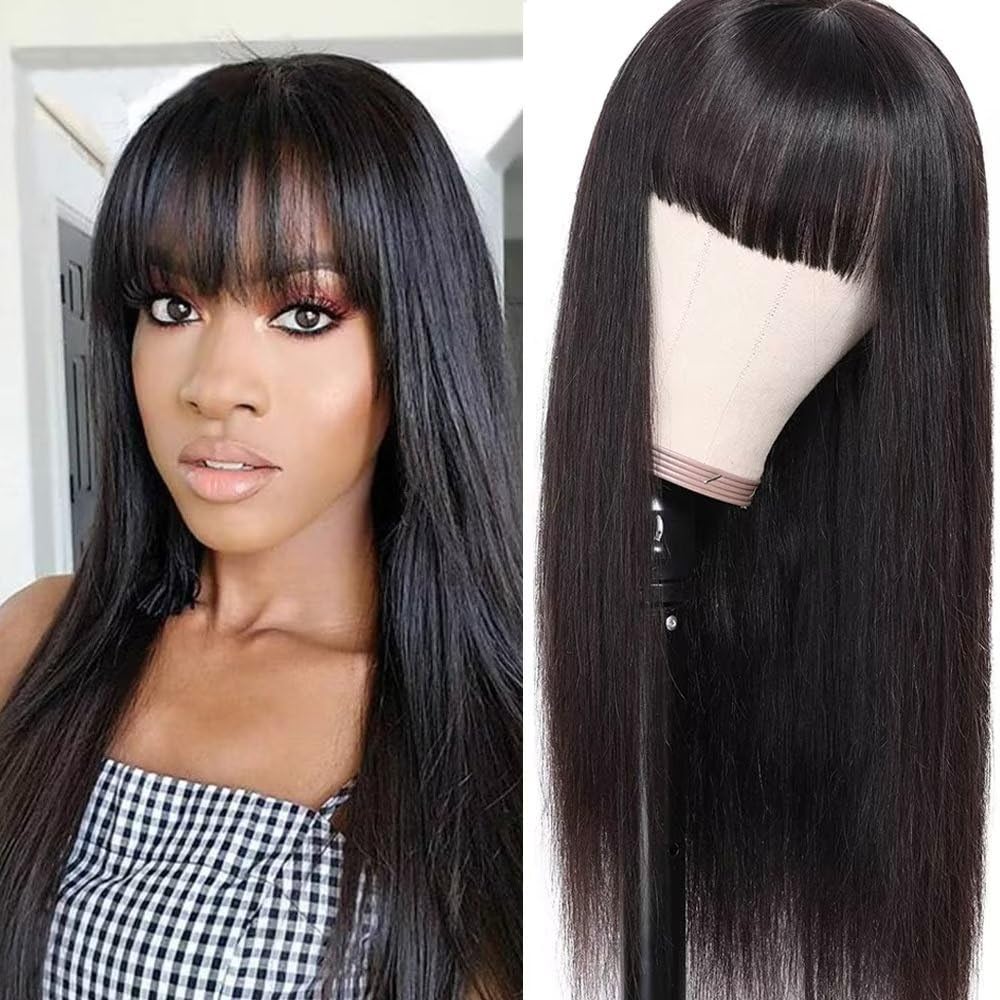 CLAROLAIR 22 Inch Straight Human Hair Wigs with Bangs None Lace Front Wigs Human Hair 150% Density Glueless Machine Made Brazilian Virgin Human Hair Wigs for Black Women Natural Color