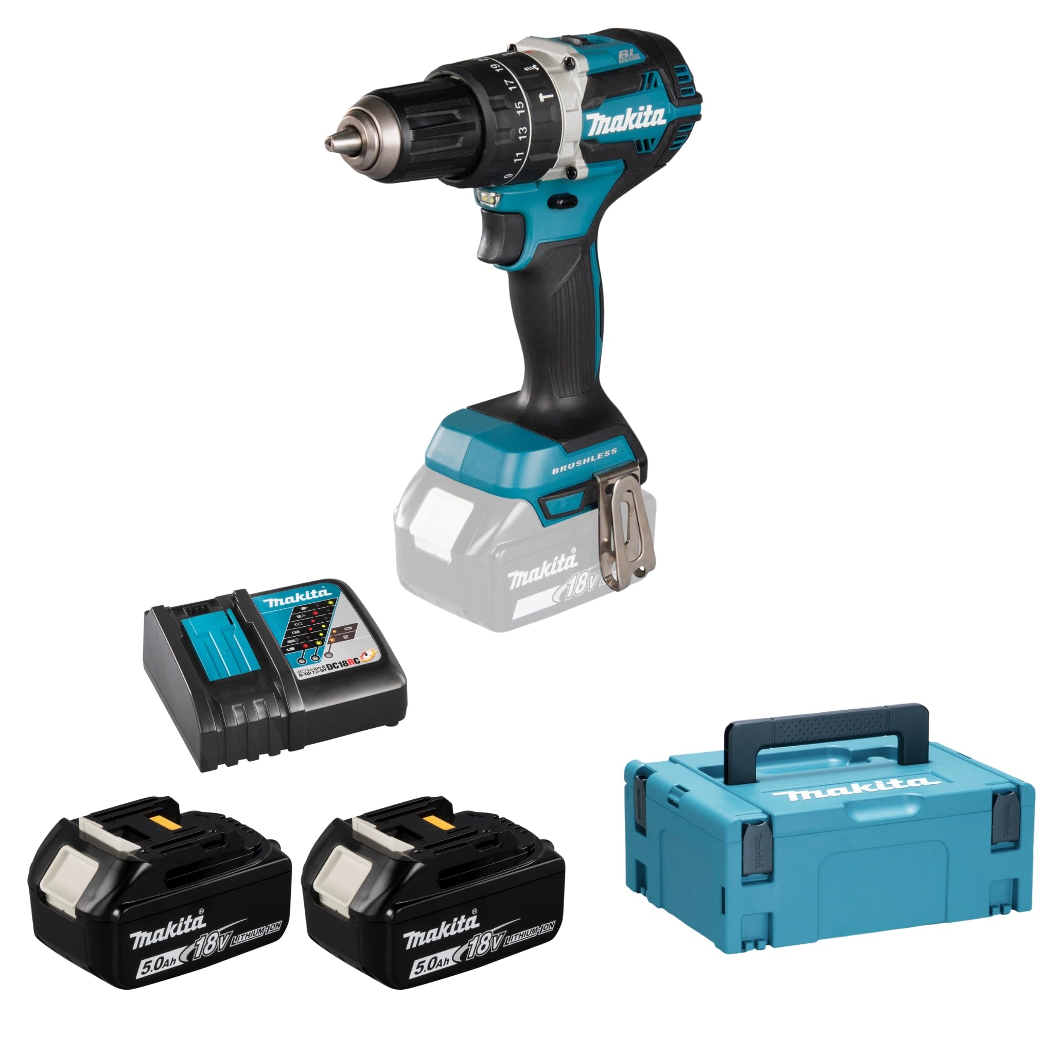 MAKITA DHP484RTJ - Taladro combinado 18V 5,0ah 54nm BL 2 bat.
