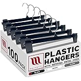 Mainetti Black Plastic Clothes Hangers 100 Pack | 12-Inch Space Saving Hangers with 360 Swivel Metal Hook & Non-Slip Clips | Closet Hangers Ideal for Pants, Skirts, Slacks and Shorts (6012BREMN100)