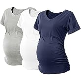 SUNNYBUY 3 Pack Womens Maternity Tops Side Ruched Maternity Shirts Pregnancy Clothes V Neck
