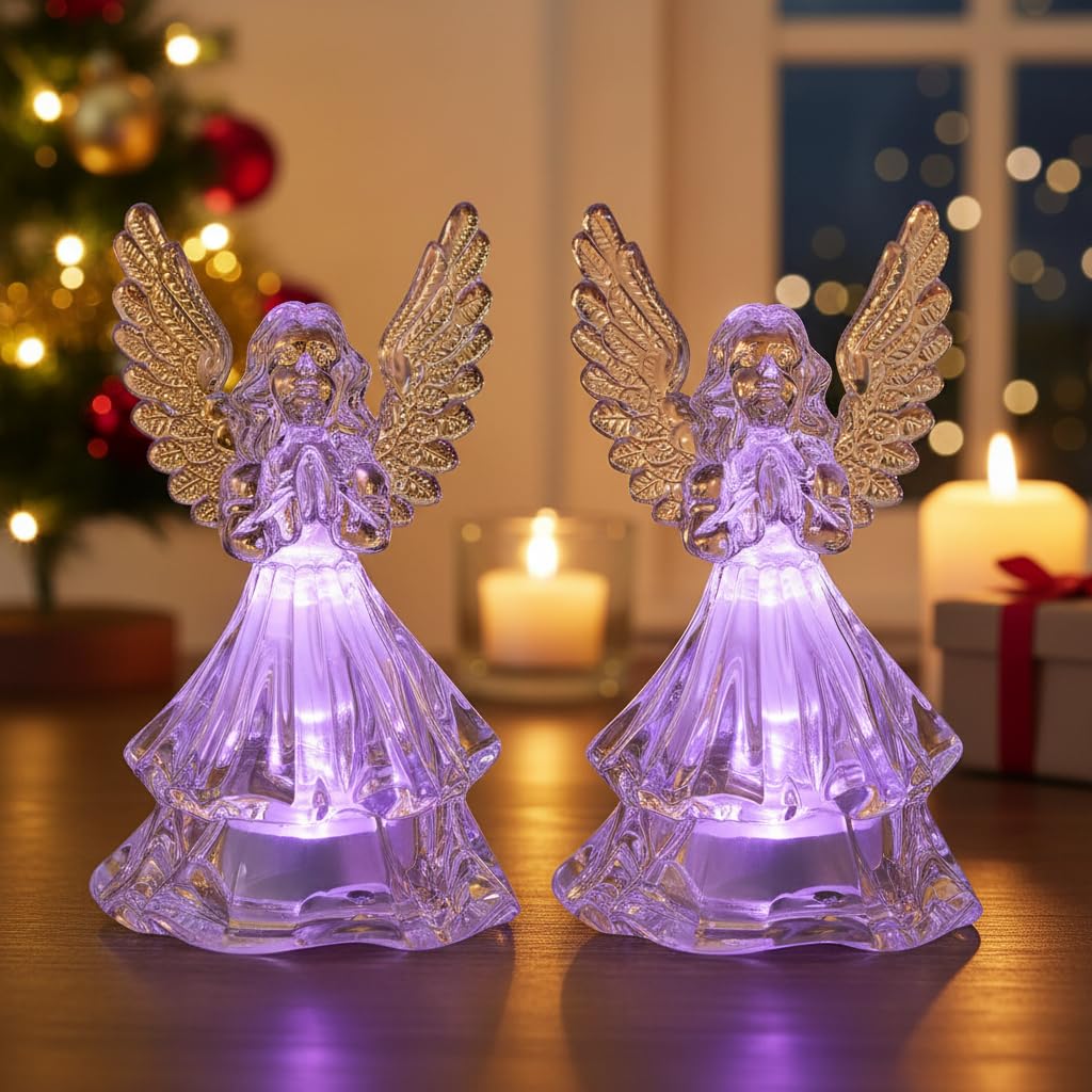 Housoutil LED Angel Lamp, 2PCS Acrylic Light, Christmas LED Color Changing Praying Angel, Mini Angel Figurines Light for Thanksgiving Christmas Home Decoration