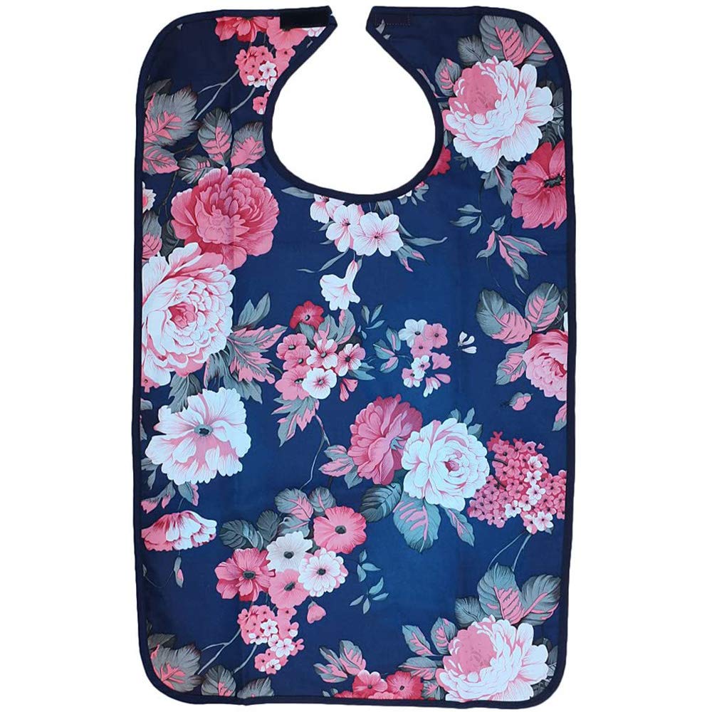 POFET Reusable Terry Cloth Adult Bibs Waterproof Clothing Protector for Men, Women, Elderly Disability Aid Apron Grid - Hibiscus