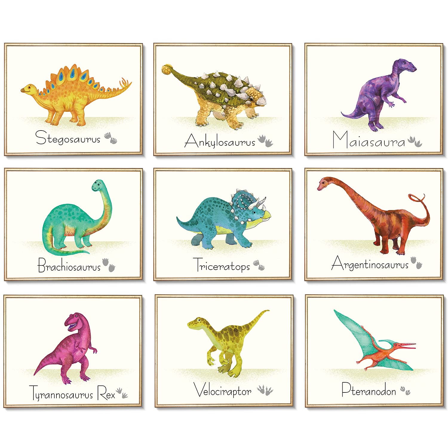 Outus 9 Pieces Dinosaur Wall Art Print Dinosaur Poster Wall Stickers with Pictures Without Frame Dinosaur Birthday Gift for Daycare and Children's Room Decorations