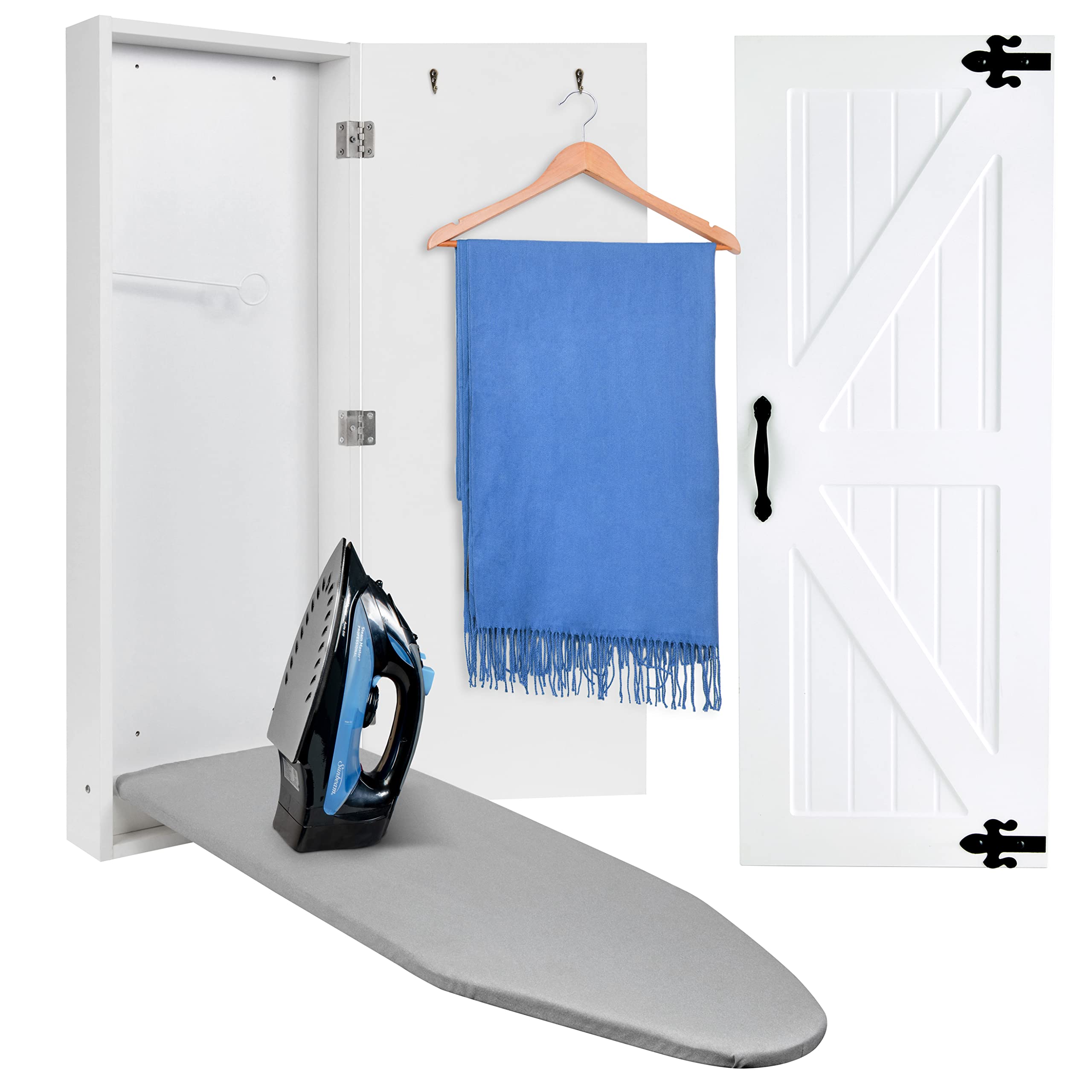 Ivation Wall-Mounted Ironing Board Cabinet with Farmhouse Door, Foldable Ironing Storage Station for Home, Apartment & Small Spaces, Easy-Release Lever, White