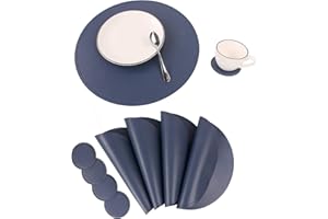 Jovono Navy Faux Leather Round Placemats and Coasters, Coffee Mats Kitchen Table Mats, Waterproof, Easy to Clean for Round Table, Dining Table