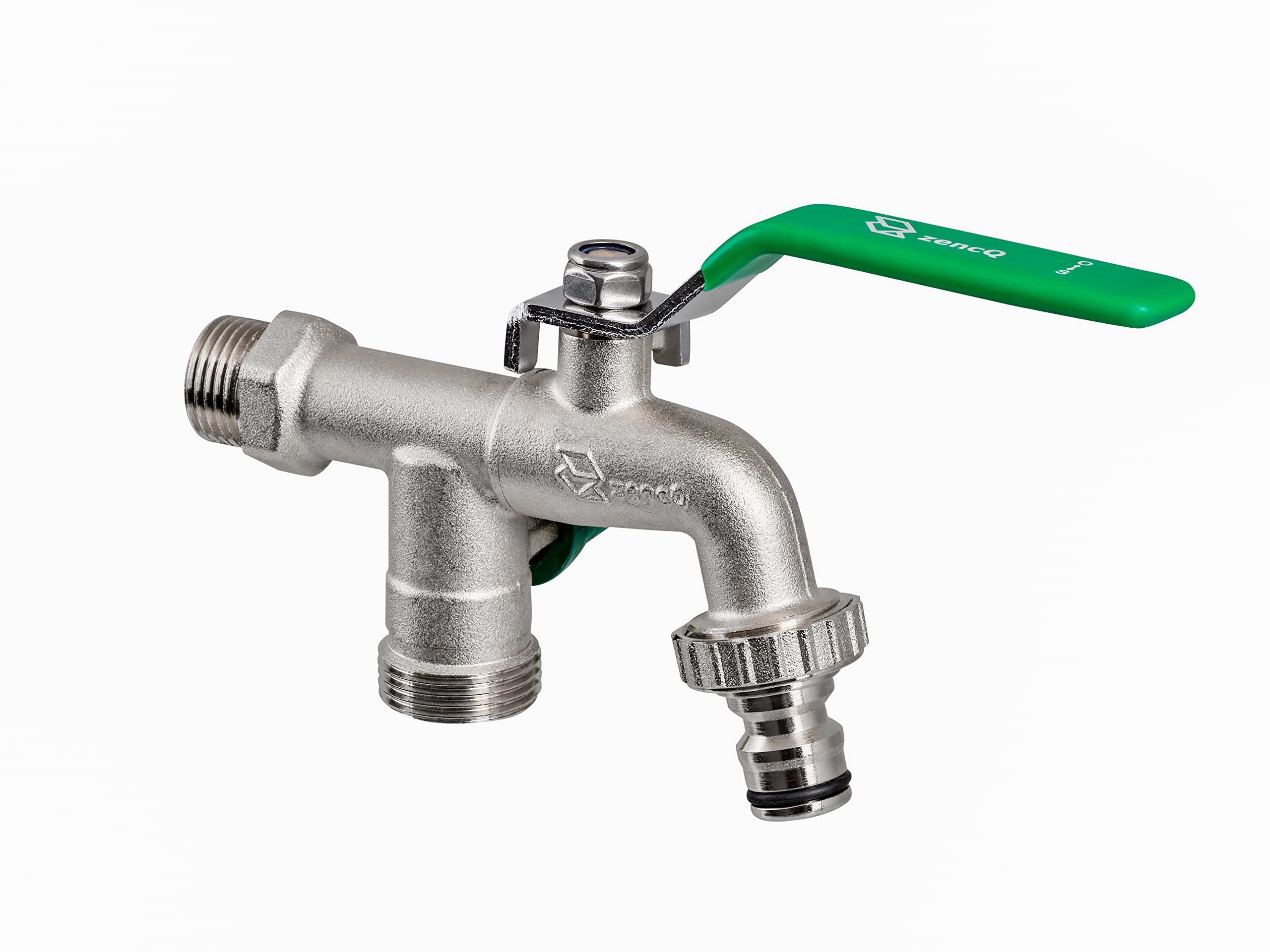 zencQ Double Connection Outlet Ball Valve 1/2 "- Max. Pressure 16 bars Stainless -PTFE Frost-proof brass structure 3/4 inch and 1/2 inch outlets with nozzle for garden hose and washing machine