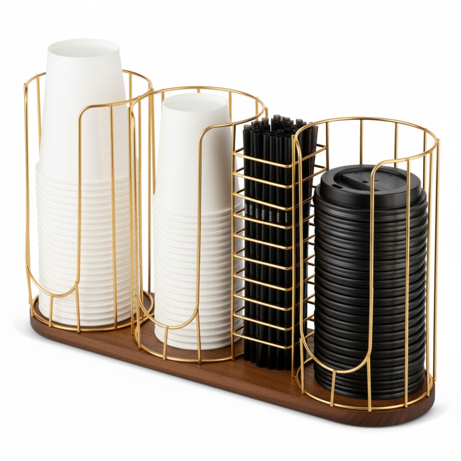Photo 1 of Geelin Coffee Cup Dispenser, Cup Holder Organizer for Storing Paper Cups, Straws, Lids and Disposable Tableware (4-Compartment Single Layer, Brown and Gold)