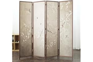 Furnnylane 4 Panel Room Divider Screen,Double Faced Blackout Panel Divider Folding Panel Screen Divider for Room Separation,Plums and Birds,67" H x 63" W