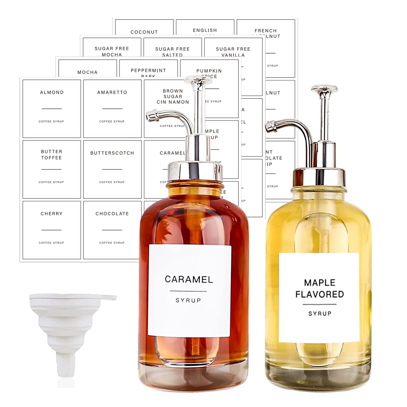 Set of 2 Coffee Syrup Dispenser with 36 Labels, Pump Dispenser Coffee Bar, Minimalist Glass Maple/Coffee Bottles, Simple Syrup Bottles,16.9 oz 500 ml (Silver)