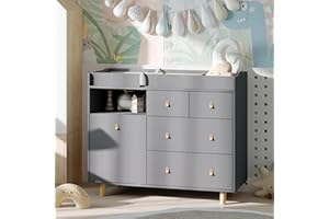ROMSHINE Baby Changing Table Dresser with 5 Drawers, Baby Nursery Dresser with Tilt Out Laundry Basket, Infant Changing Station Organizer for Nursery and Bedroom, Grey (45" W x 18" D x 37" H)