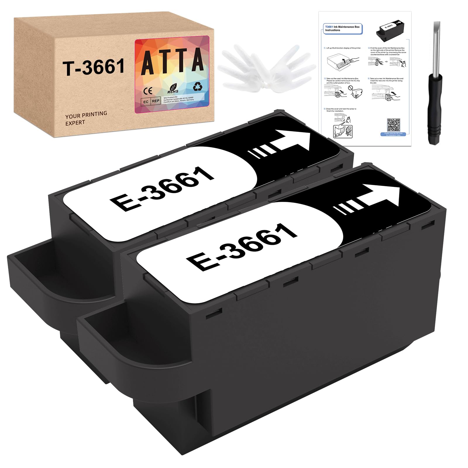2 Pack T3661 Maintenance Box Replacement for Epson Maintenance Tank E-3661 C13T366100, Work with XP-8500 XP-8505 XP-8600 XP‑8605 XP-15000 XP-6000 XP-6001 XP-6005 XP-6100 XP-6105 XP-970