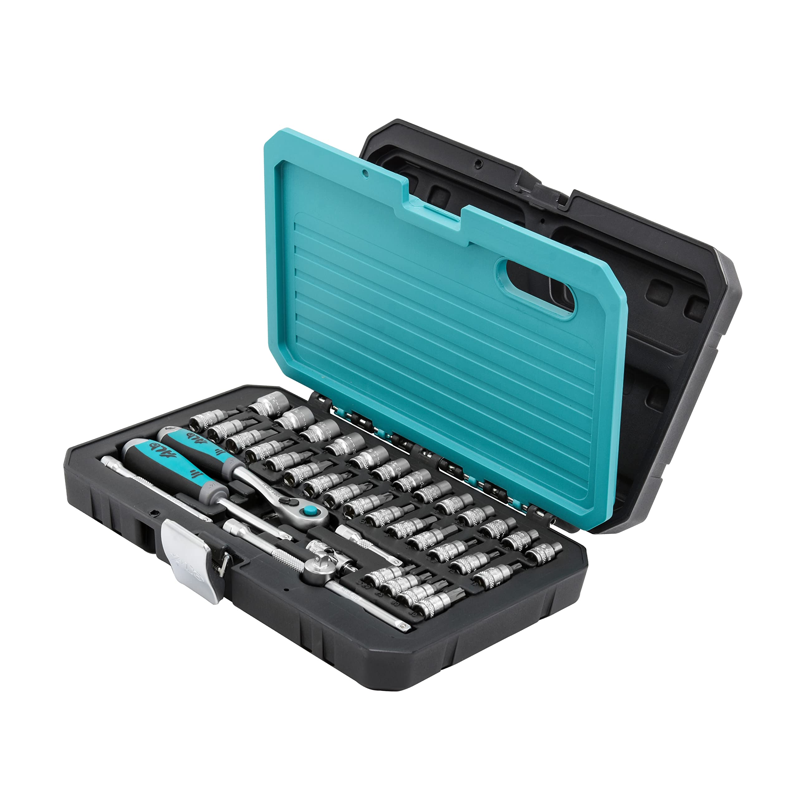 HB 120-Tooth 1/4 Inch Drive Ratchet Handle & Bit Socket Set 42 Piece Reversible Quick Release Ergonomic Push Button Chrome Vanadium Steel Blow Mold Case Made in Taiwan AKM017-G