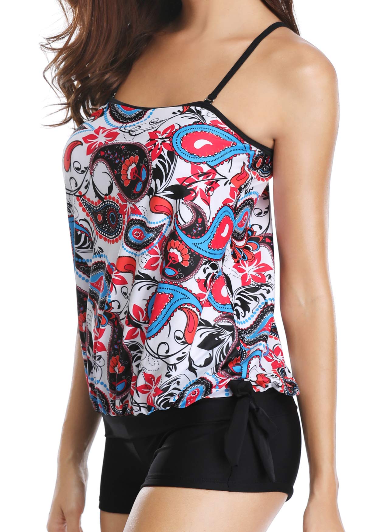 Yonique Blouson Tankini Paisley Tribal Printed Tank Top with Boyshort Two Pieces Swimsuits for Women