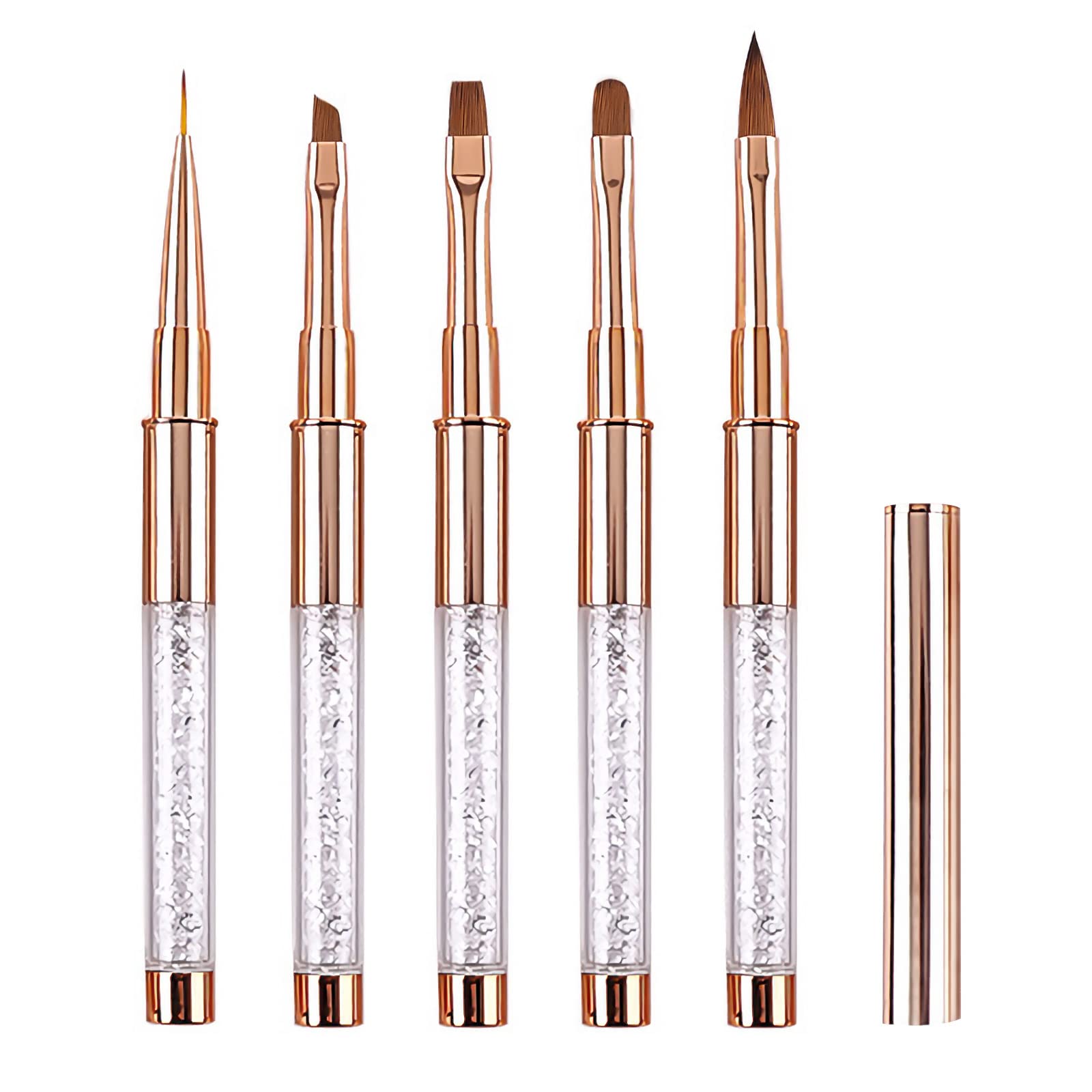 5PCS Nail Art Brushes Set for Gel Nail with Lid and Diamand Handle, LEA-SHALL Liner/Acrylic/Flat/Round/Oblique UV Builder Nail Painting Pen Kit Fine Brush DIY Decoration Home Salon Design Rose Gold