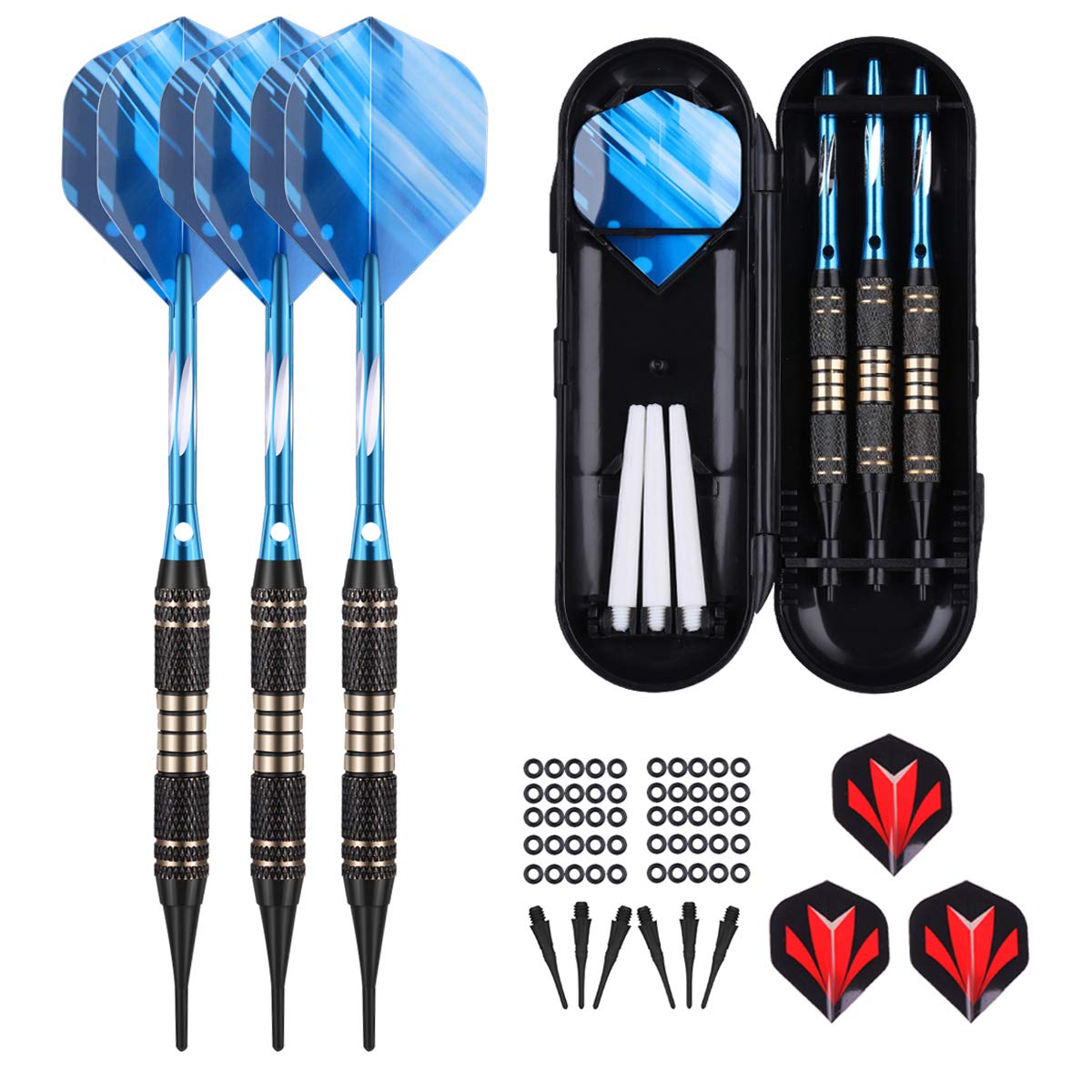sanfeng Soft Tip Darts Set 18 Grams for Electronic Dartboard - Professional Brass Barrel Blue Aluminum Shafts Flights Extra 30 Tips 50 Anti-loose Rubber O-rings