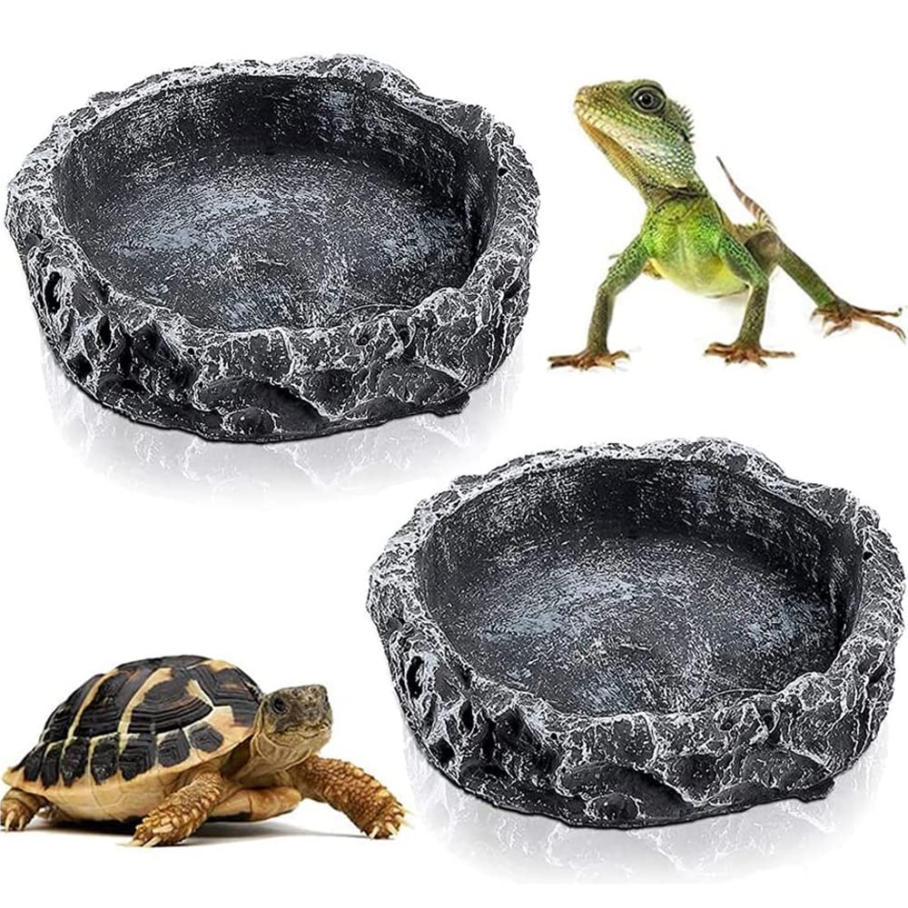 2 Pieces Reptile Food Bowl, Rock Feeding, Food Bowl Rock, Resin Durable Reptile, Reptile Feeding Bowl, Water Rock Dish, Durable Resin Dish Lizard Feeder for Tortoise Lizard Chameleon Gecko