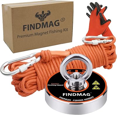 FINDMAG Magnet Fishing Kit 500 LB Neodymium Round Magnet 60mm 65ft Rope