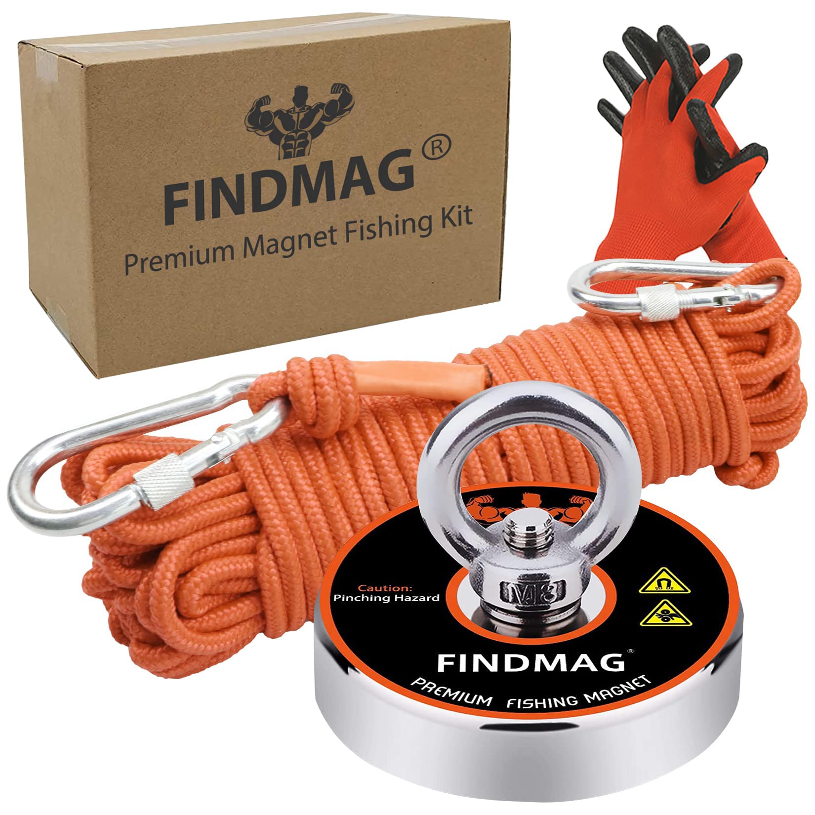 Magnet Fishing Kit, Strong Lift Magnet 500 LB(227 KG) Pulling Force Round Neodymium Magnets, River Magnets for Magnetic Fishing & Salvage in River, with 65 ft(20 m) Nylon Rope Carabiner Hand Gloves
