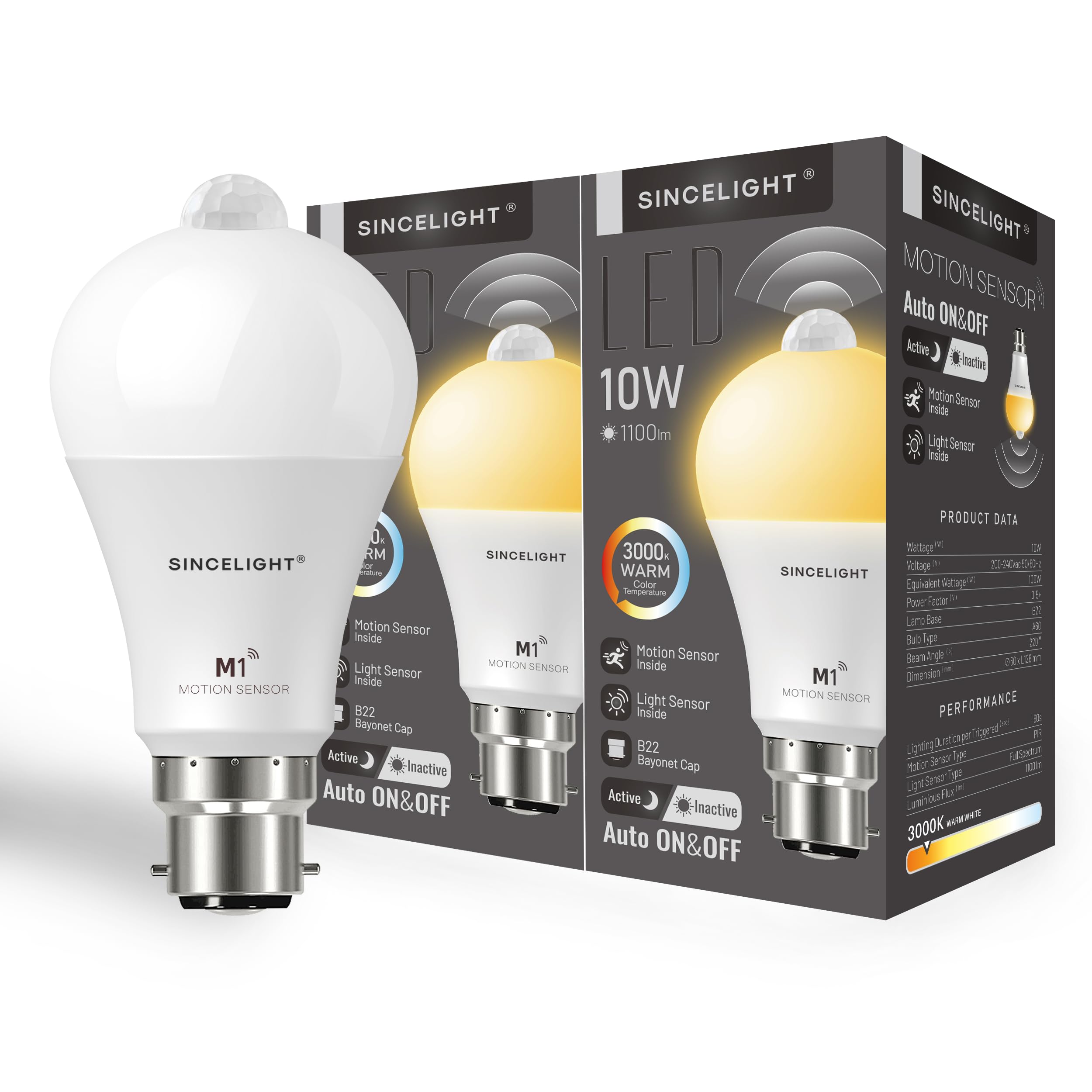 SINCELIGHT Motion Sensor LED Bulb with B22 Cap, Detects Human Movement, Automatic ON/Off in Darkness, 10W GLS Bulb with PIR Sensor and Light Sensor, Security Light Bulb, 60 Seconds Delay, Pack of 2