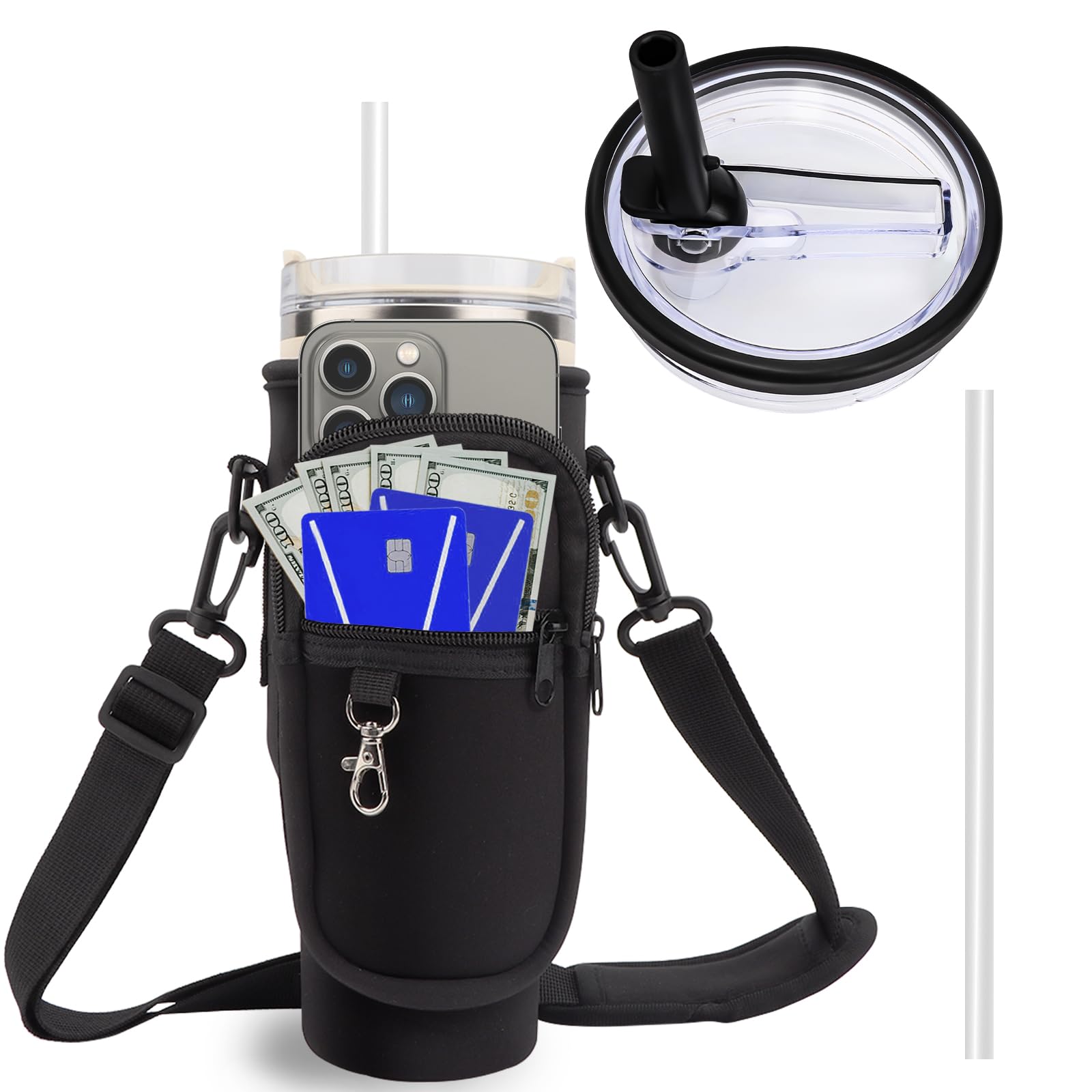 FIDWALL Water Bottle Carrier Bag & Lid Combination, Compatible with Stanley 40oz Tumbler, Spill Proof, Water Bottle Bag with Strap, Flip Straw Replacement Cup Lid with 1pcs Straw (Black)