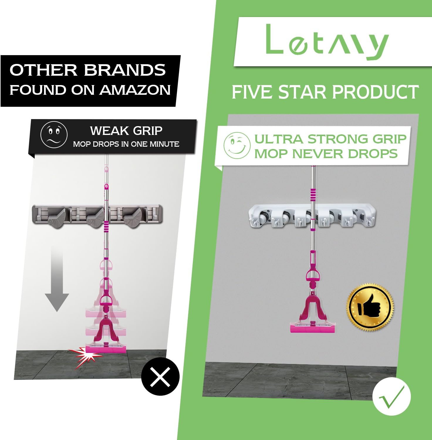 LETMY Broom Holder Wall Mounted - Mop and Broom Hanger Holder - Garage Storage Rack & Garden Tool Organizer - 5 Position 6 Hooks for Home, kitchen, Garden, Tools, Garage Organizing: Home & Kitchen