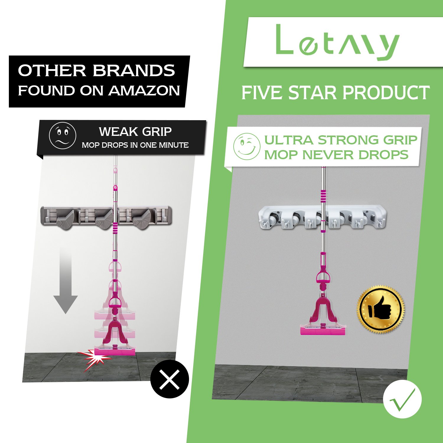 LETMY Broom Holder Wall Mounted - Mop and Broom Hanger Holder - Garage Storage Rack&Garden Tool Organizer - 5 Position 6 Hooks for Home, kitchen, Garden, Tools, Garage Organizing