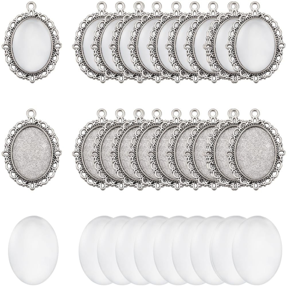 SUNNYCLUE 60Pcs DIY 30 Sets Pendant Bezel Blanks Oval Cabochon Trays Antique Silver Cabochon Blanks with Glass Cabochons Cabochon Bezel Settings Photo Charms Bezels Frame for Jewellery Making Kits