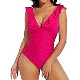 SHAPERIN Women's Ruffle One Piece Swimsuits Tummy Control Bathing Suit Sexy V Neck Swimwear Adjustable Straps