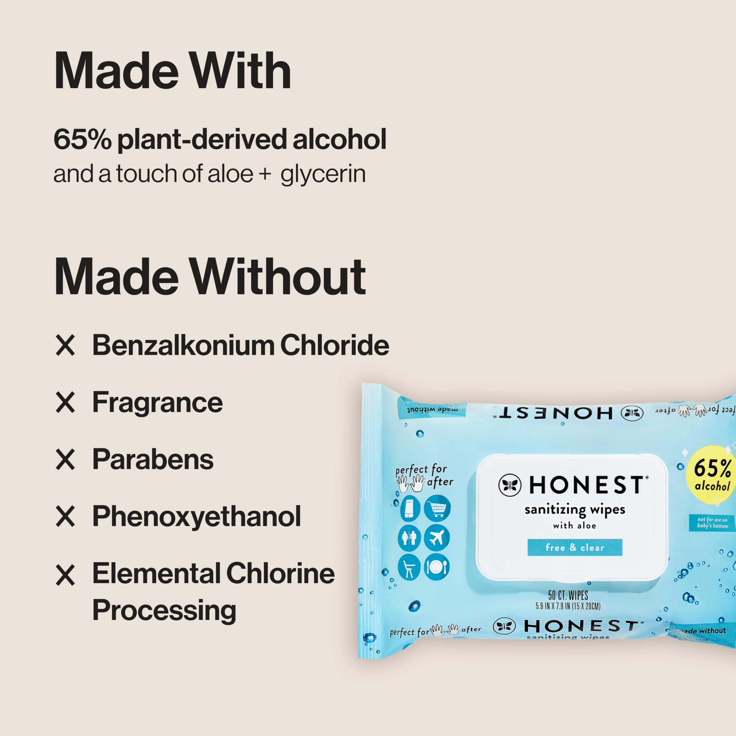 The Honest Company Fragrance Free Sanitizing Alcohol Wipes | Antibacterial + Safe for Hands | Kills 99% of Germs, Made With Aloe | 150 Count (3 Packs of 50)