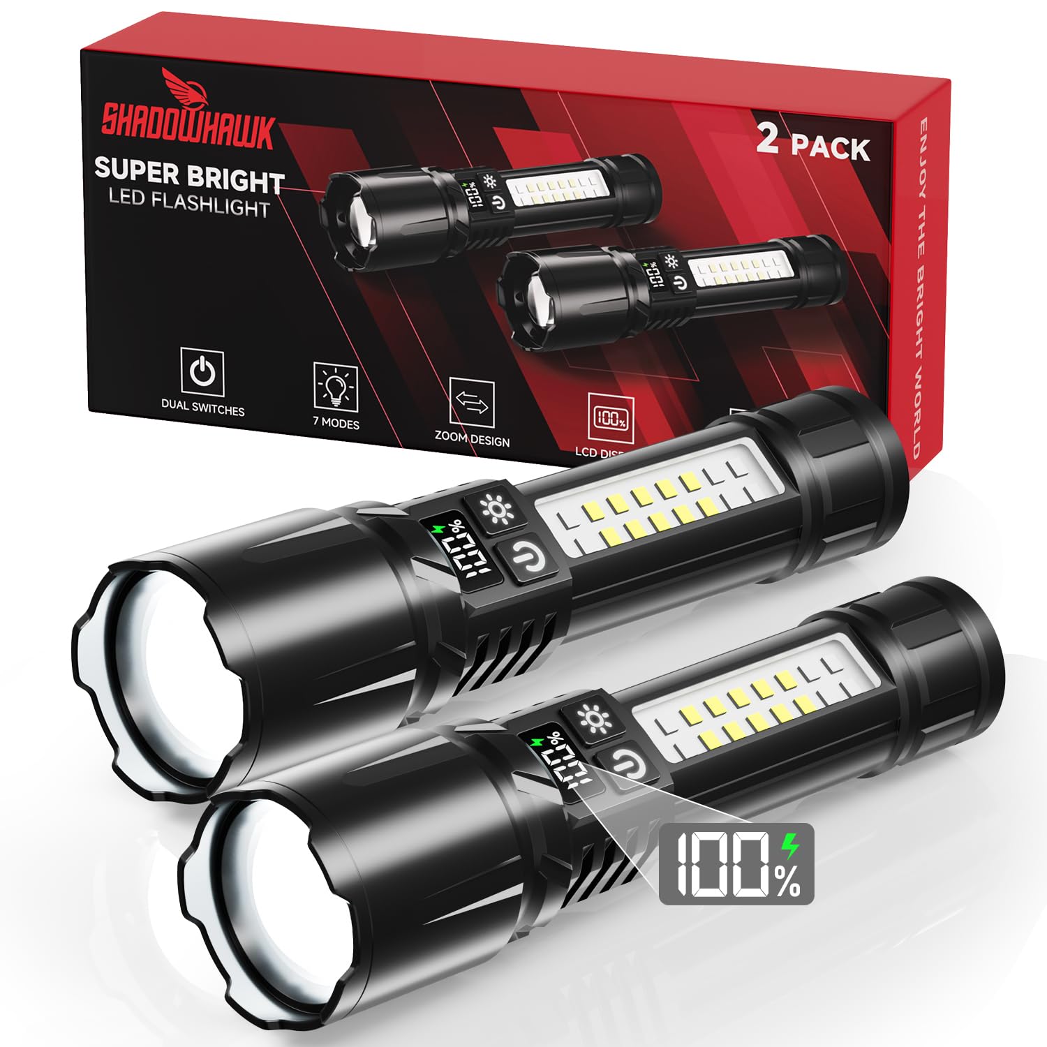 Shadowhawk 2 Stück Taschenlampe LED Aufladbar mit COB Seitenlicht | Leichtgewicht & Eingebauter Akku – Taktische Taschenlampen mit 2 Schaltern & Ein-Knopf Ein/Aus, 7 Modi für Camping/Wandern/Notfall