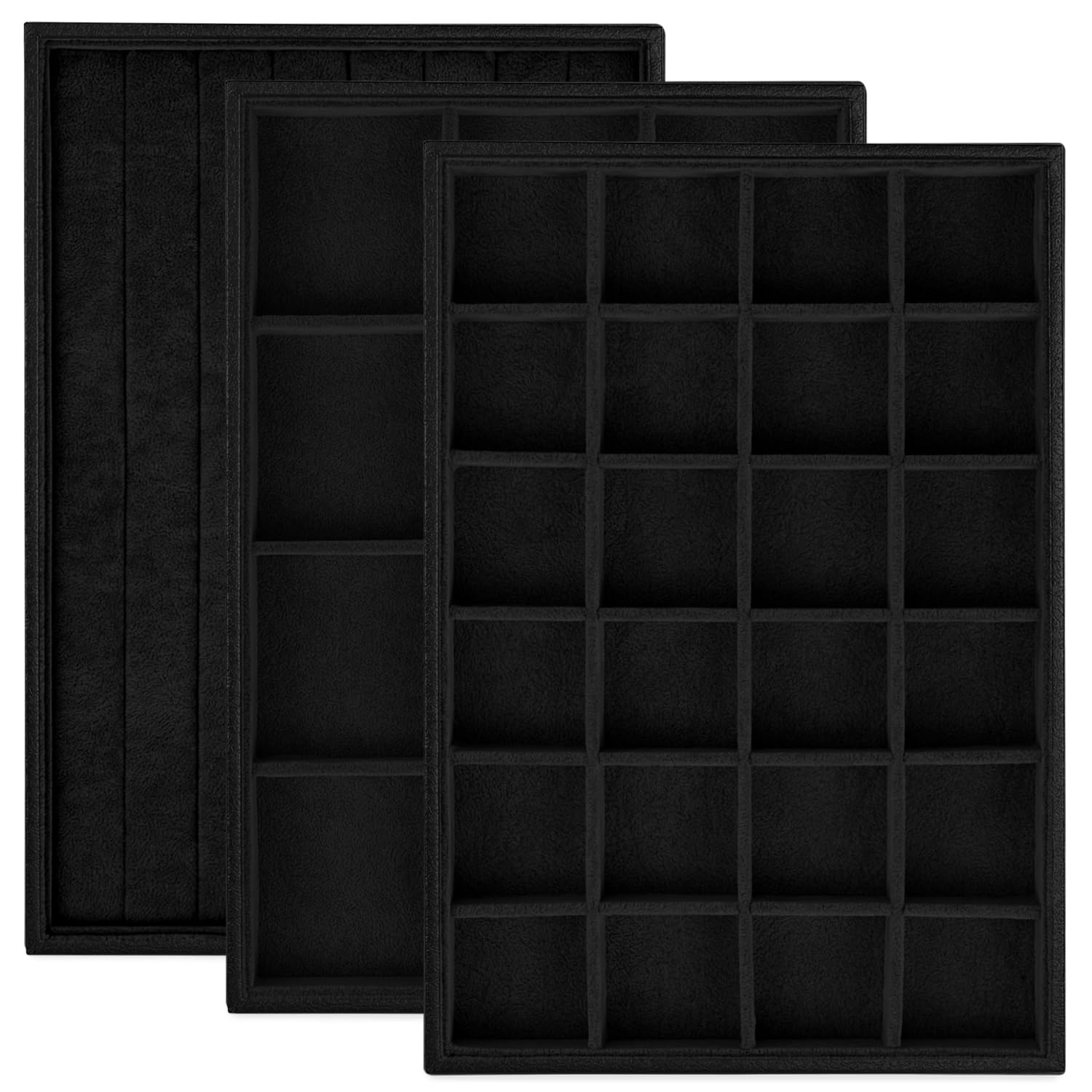 Photo 1 of ***2 ONLY***
Rocutus Jewelry Trays,3 Pack Stackable Velvet Jewelry Organizer Tray Drawer Jewelry Storage Tray,Divided Ring Organizer Tray for Earrings, Necklaces, Bracelets,13.8"x9.5"x1.2" (Black)