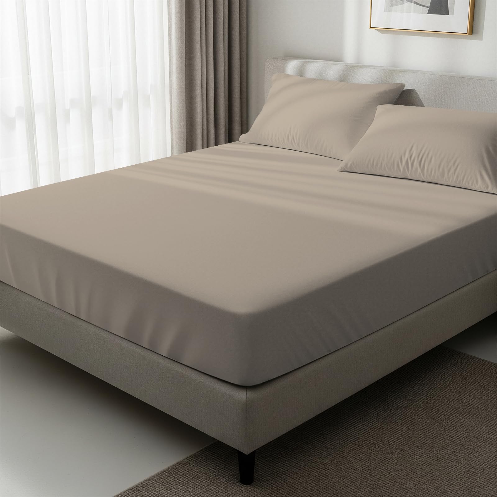 Photo 1 of Pizuna Pure 100% Cotton Full Fitted Sheet Only, 600 Thread Count Long Staple Cotton Crisp Sateen Weave 15inch Deep Pocket Fitted Sheet (Combed Simply Taupe Full Fitted Sheet Cotton)