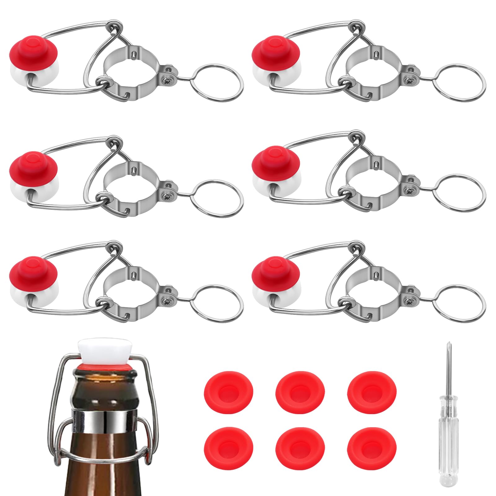 Photo 1 of [6 +6] 18mm Swing Top Glass Bottle Caps Flip Top Beer Bottle Cap Beer Bottle Airtight Lids Leakproof Easy Cap Swing Top Beer Bottle Cap 6 Swing Cap with Replacement Silicone Gaskets