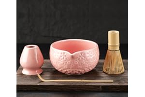 NUKALO Matcha Whisk Set Matcha Kit: Ceramic Matcha Bowl, Matcha Whisk Holder, Bamboo Whisk(Chasen), Bamboo Scoop, 4Pcs Matcha Tea Set for Matcha Lover, Family Christmas Birthday Gift (Pink)