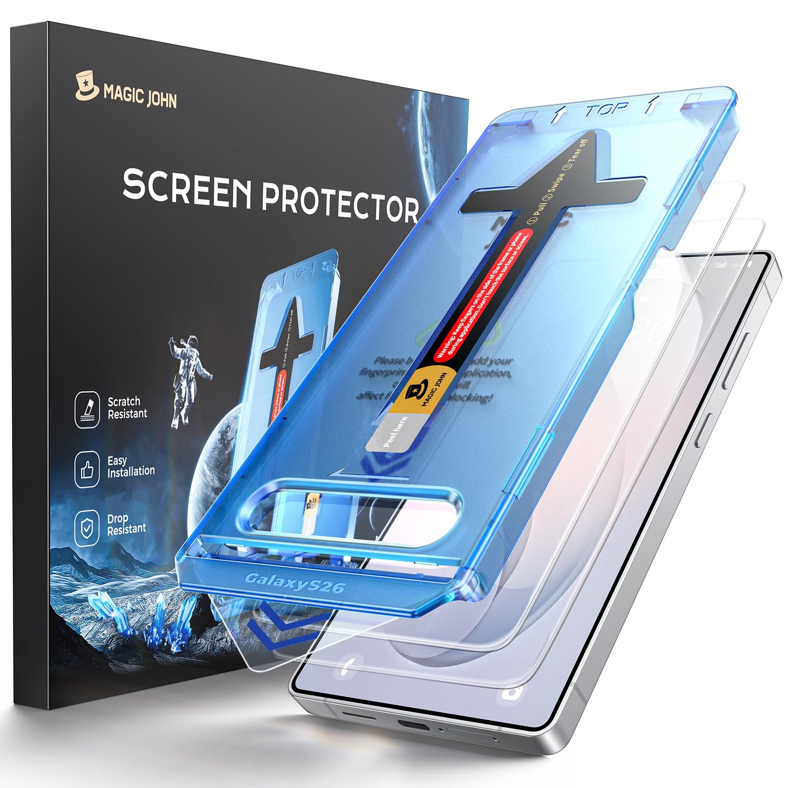 MAGIC JOHN for Samsung Galaxy S26 Screen Protector 6.3 inch[NOT for Ultra], Fast Easy Installation, Auto Dust-Elimination, 9H Tempered Glass HD, Fingerprint Unlock, Bubble Free, Anti-Scratch, 2 PACK