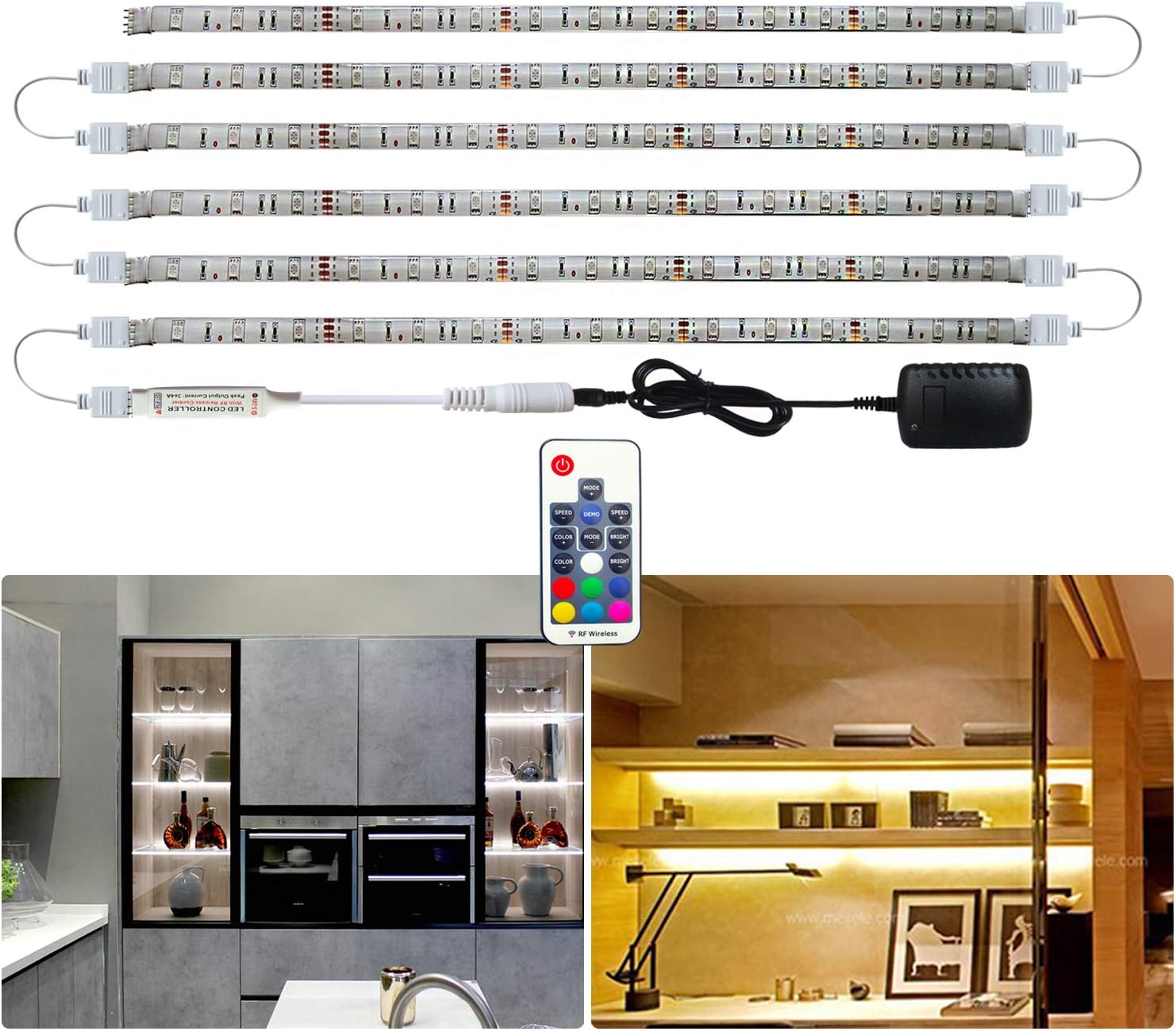 Tesfish LED Strip Lights, 6 PCS x 50cm 5050 RGB Under Cabinet Lighting, Backlight, Waterproof LED Color Changing Rope Lights with Power Adapter and Remote for Kitchen, Bedroom, Shelf, Home Decor