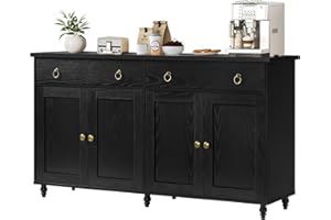 4 EVER WINNER Buffet Cabinet with Storage, 55” Sideboard Kitchen Buffet Storage Cabinet w/Doors 2 Drawers Gourd Legs, Wood Coffee Bar Cabinet Modern Console Table for Dining Room, Black
