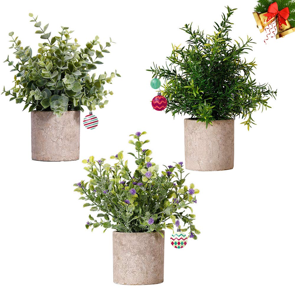 Artificial Mini Plants, NEW RUICHENG Mini Potted Artificial Plants Real Plastic Plant Set Fake Eucalyptus Rosemary Gypsophila Green Small Potted Artificial Plants in Pot for Home Office Desk Art Decor