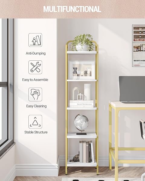 HZUANERI BOOKCASE BOOKSHELF, NARROW BOOK SHELF, INDUSTRIAL CORNER SHELF STORAGE ORGANIZER, SLIM SHELVING UNIT FOR HOME OFFICE, LIVING ROOM, BEDROOM, KITCHEN, 5-TIER WHITE GOLD BC24513G