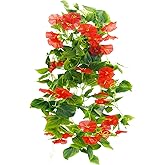 FERIAL Artificial Vines 15Feet Silk Flower Garland for Outdoors Red Morning Glory Vine Artificial Flowers Hanging Plants Garland Fake Green Plant 2Pcs for Wall Fence Indoor Wedding Banquet Decor