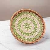 Laquedecarft 11.8" Forest Wicker Round Rattan Mother of Pearl Serving Basket Tray for Décor Coffee Table | Large Boho Circle Woven Decorative Trays for Outdoor, Home, Kitchen Display (Forest)