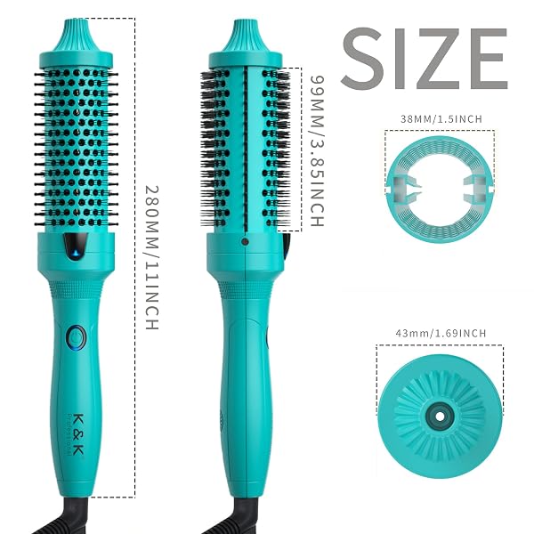 K&K THERMAL BRUSH, GREEN 1.5 INCH HEATED ROUND CURLER, PROFESSIONAL HEATED CURLING CERAMIC TOURMALINE IONIC CURLING IRON, HOT STYLING VOLUMIZING BRUSH, DUAL VOLTAGE