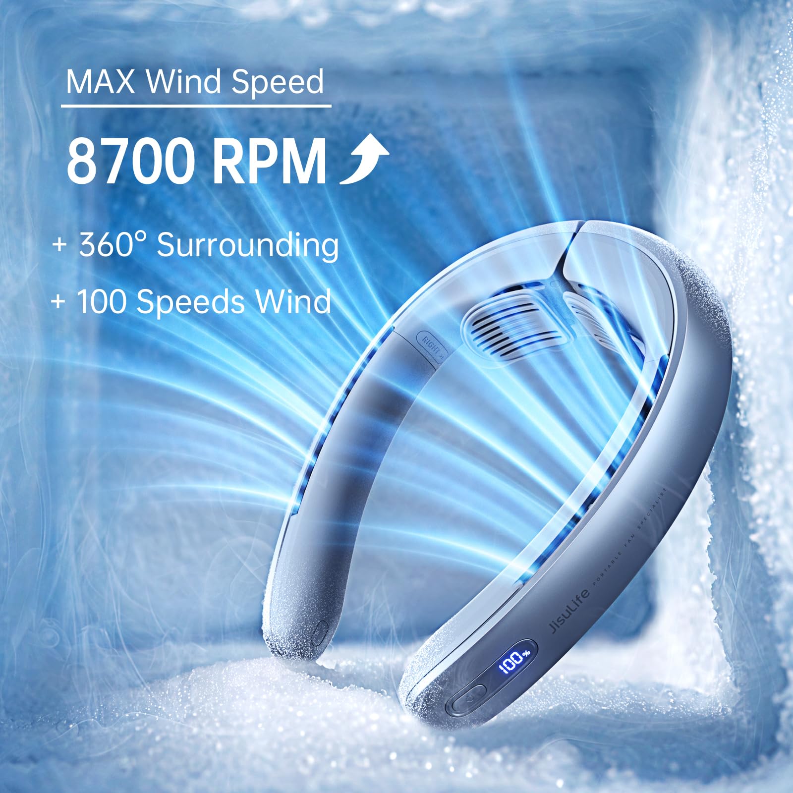 JISULIFE Portable Neck Fan, Upgraded 100 Speeds Personal Bladeless Fan Wearable with Neck Brace, LED Display, 5000mAh Rechargeable Battery Operated, Gifts for Women Men-Grey