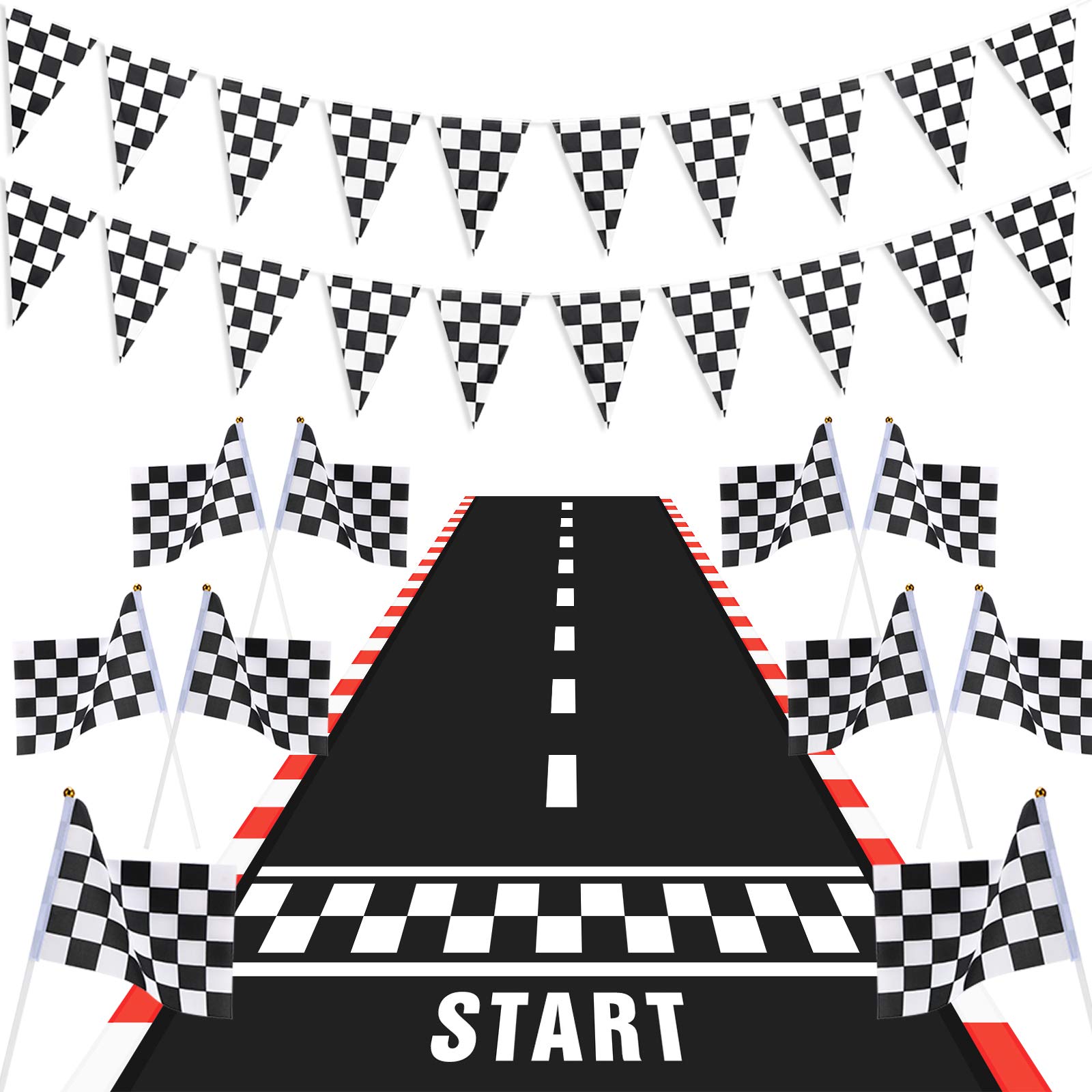 Tatuo 12pcs Race Car Party Decorations 6.6 x 2 ft Long Racetrack Floor Running Mat Table Cloths 6.6ft Checkered Pennant Banner 10 Checked Flags with Stick for Birthday Race Car Party Supplies