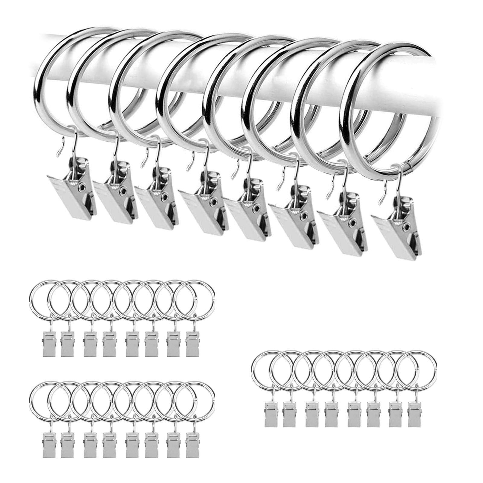Silver Curtain Rod Ring Clips, 24 Pack Rustproof Metal Drapery Ring with Hook/Hanger Clips with Eyelets for Holding Heavy Curtains Rod Set and Drapes (38 mm)
