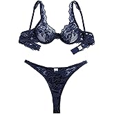 Foxiny Sexy Scallop Floral Lace Mesh Sheer Underwire Lingerie Set 2 Piece
